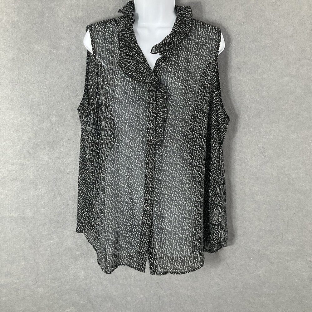 Cabi Blouse Womens Sz XL Black Music‎ Notes Button Up Top Sleeveless Sheer Artsy